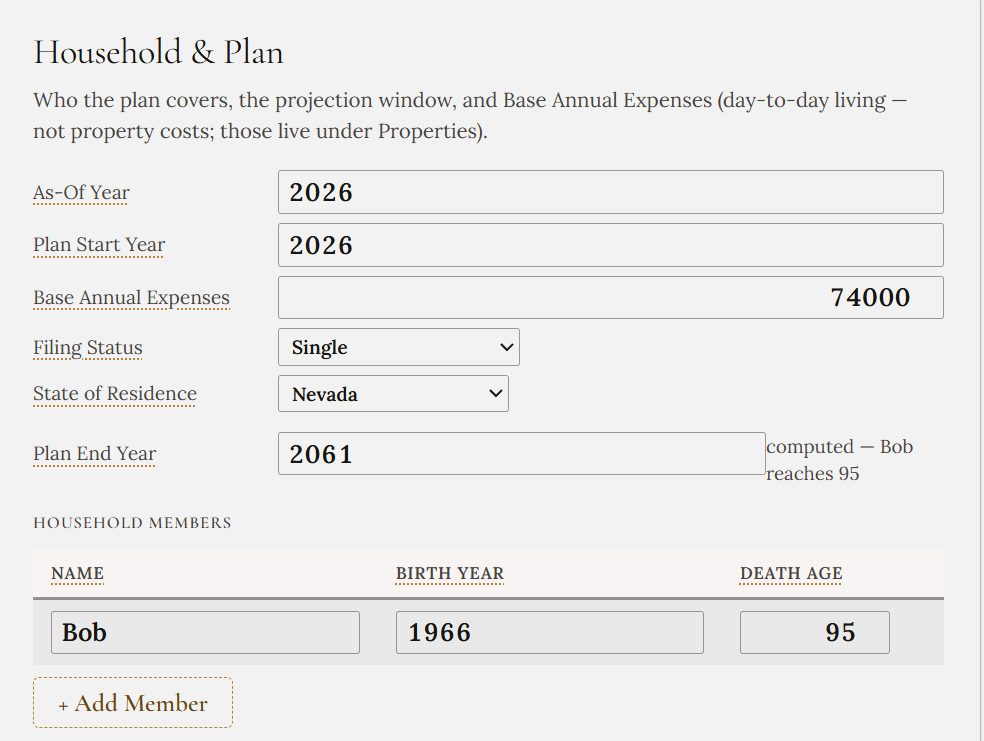 The Household and Plan screen: as-of year 2026, base annual expenses of $74,000, filing status Single, State of Residence Nevada, and a computed plan end year of 2061.