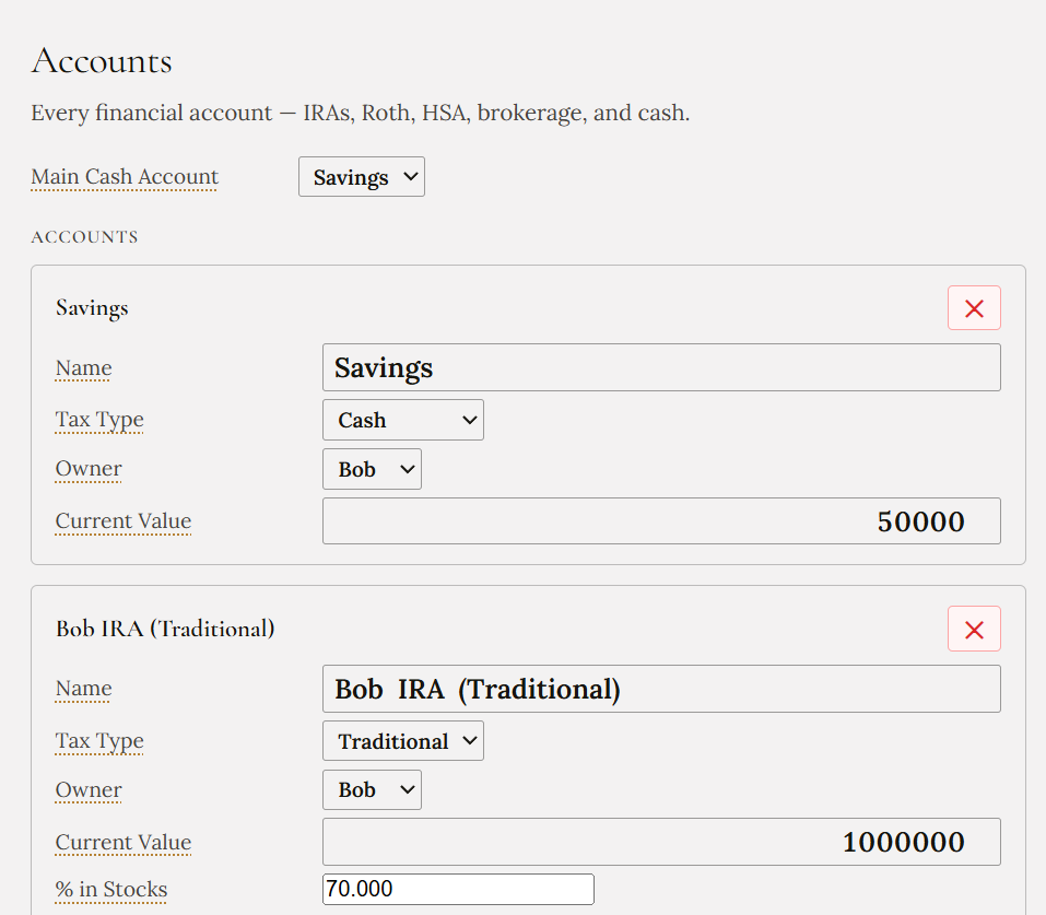 The Accounts screen showing a cash savings account and a traditional IRA, each with a tax type, owner, current value, and a stock percentage.