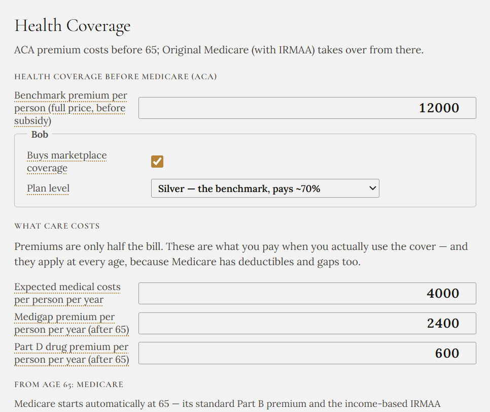 The Health Coverage screen: a benchmark ACA premium per person, plan level Silver, expected medical costs per person per year, and Medigap and Part D premiums after 65.