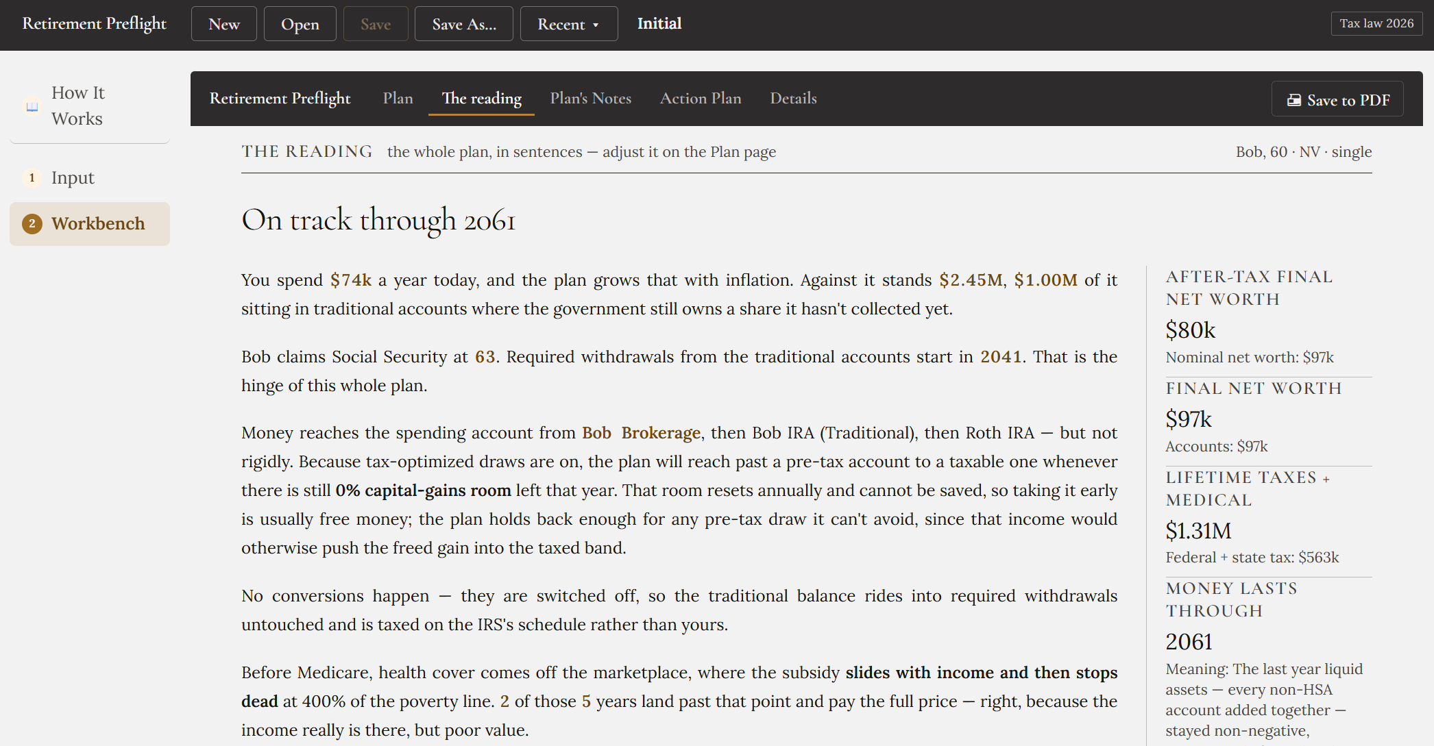 The Reading page: paragraphs describing the plan in prose with the key figures highlighted and editable inside the sentences, including one noting that no conversions happen because they are switched off, beside a sidebar reading after-tax final net worth $80,000, final net worth $97,000, lifetime taxes and medical $1.31M, money lasts through 2061.