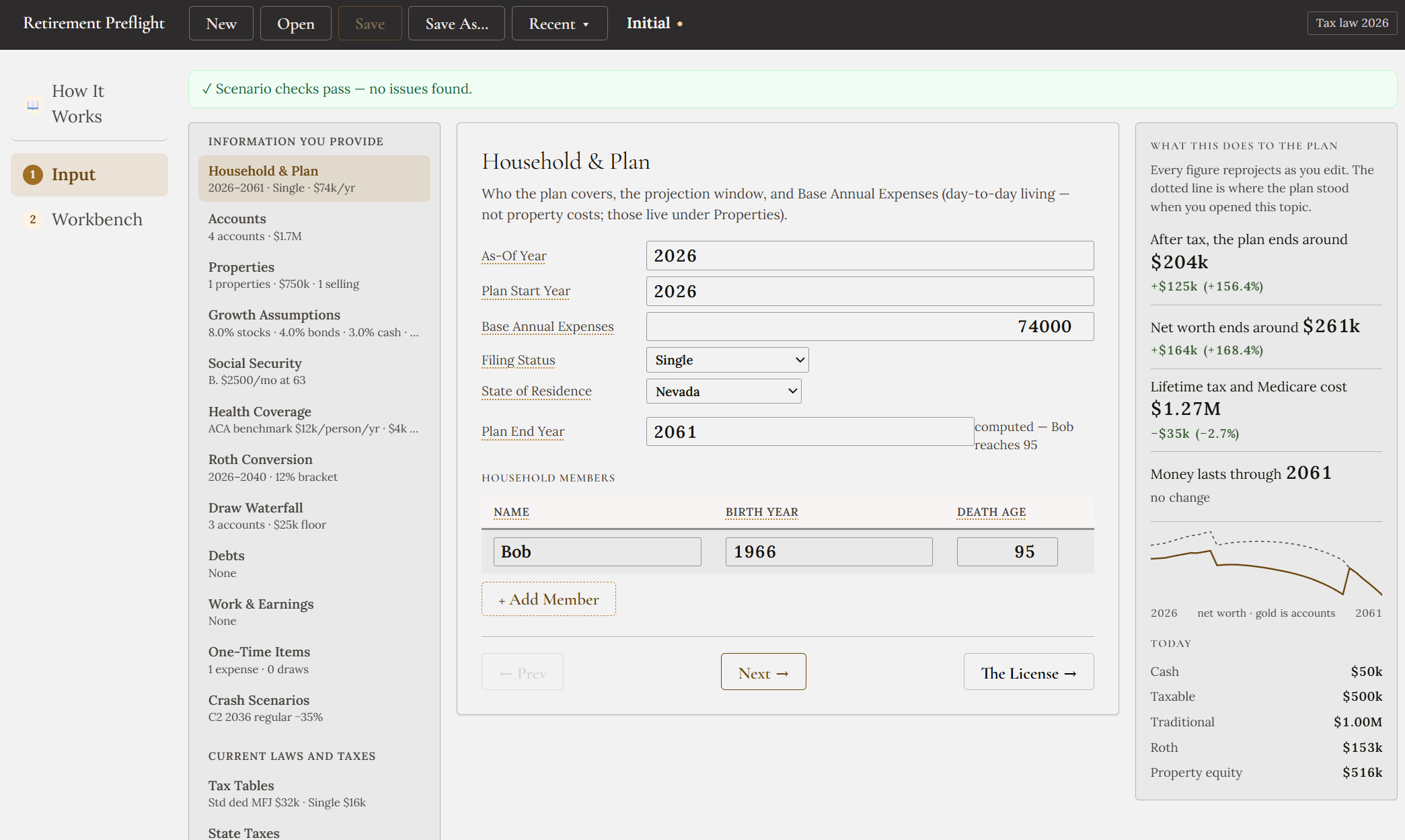 The Retirement Preflight input stage: a list of topics down the left with a one-line summary under each, the Household and Plan form in the middle, and a live panel on the right showing what the current plan does.